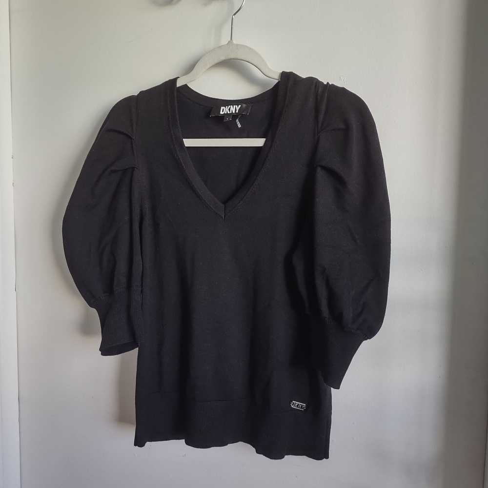 DKNY Black Puff Sleeve V-Neck Top